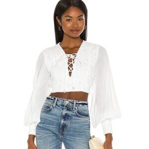 Tularosa Cierra Embroidered Long Sleeve Crop Top White Size Large